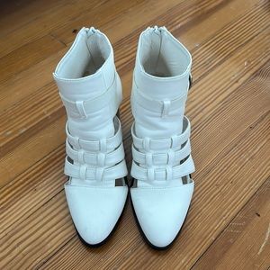 White Silver Buckle Heeled Booties Size 6